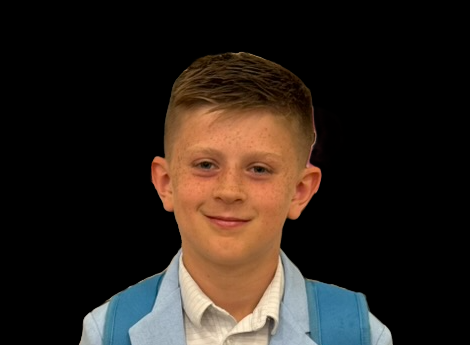 Holden in a light blue blazer and backpack, smiling