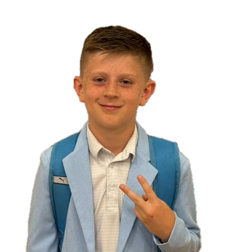Holden in a light blue blazer and backpack, smiling and making a peace sign
